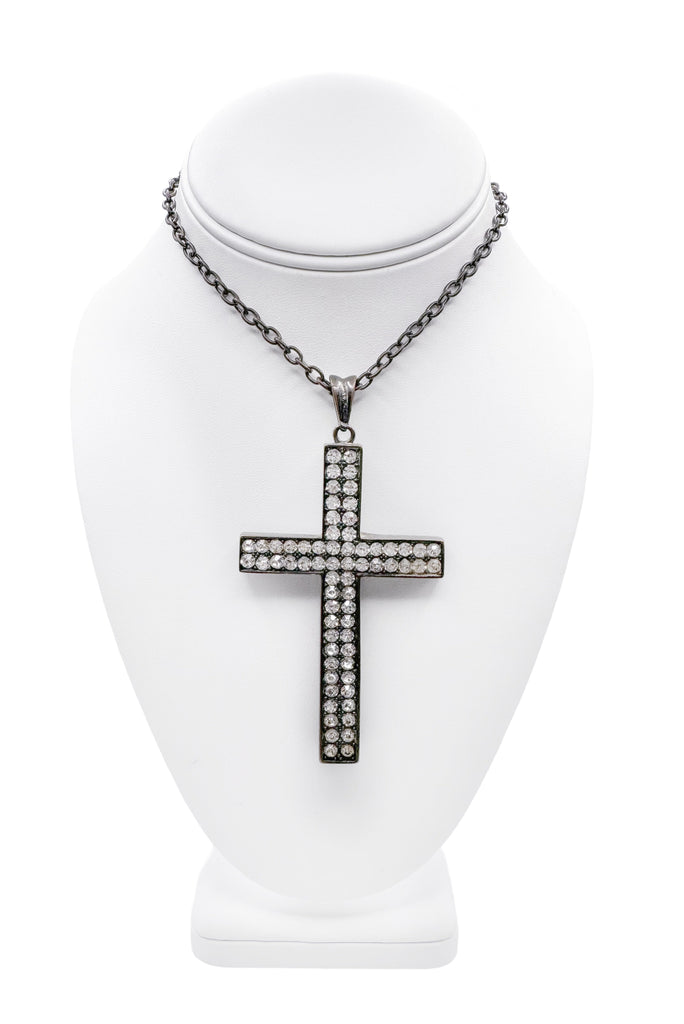 Vintage Silver Crystal Diamond Cross Necklace