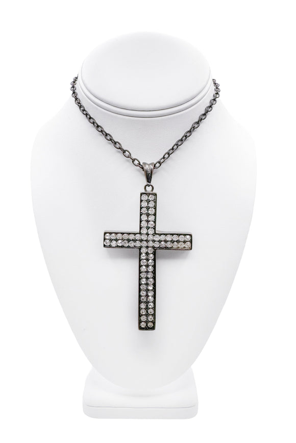 Vintage Silver Crystal Diamond Cross Necklace