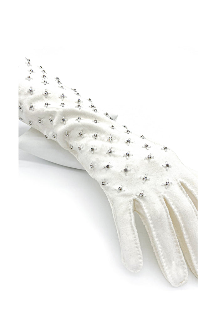 Vintage White Ultrasuede Gloves with Crystal Bead Details