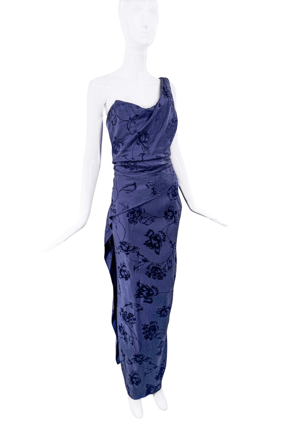 Vivienne Westwood Blue One Shoulder Corset Floral Print Dress Gown