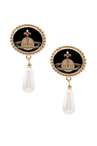 Vivienne Westwood Black Enamel Color Orb Logo Gold Pearl Drop Earrings