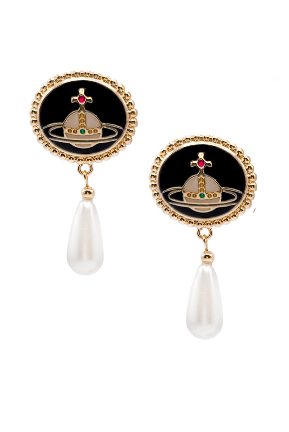 Vivienne Westwood Black Enamel Color Orb Logo Gold Pearl Drop Earrings