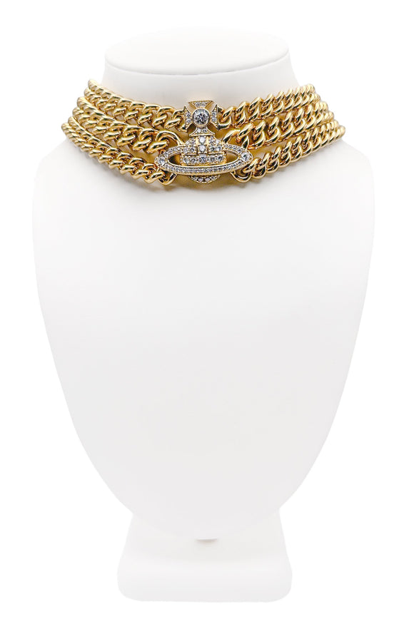Vivienne Westwood Gold Triple Metal Chain Crystal Orb Choker Necklace