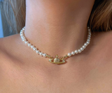 Vivienne Westwood Single Strand Pearl Gold Orb Choker Necklace
