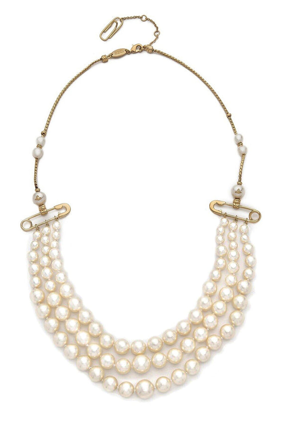 Vivienne Westwood 3 Row Pearl Jordan Necklace with Gold Brass Safety Pin Details