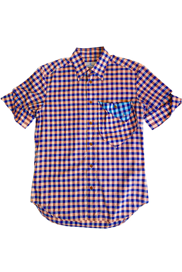 Vivienne Westwood Blue and Pink Check Cut-Out Cuff Short Sleeve Shirt*
