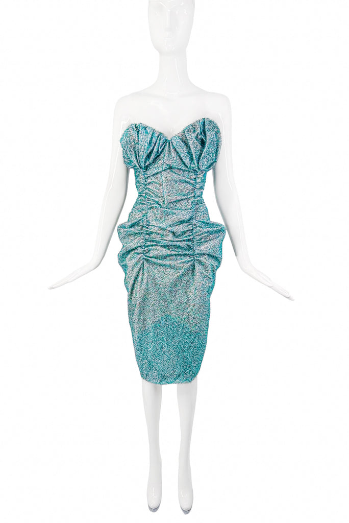 Vivienne Westwood Blue Turquoise Green Fuzzy Textured Peplum Ruched Hip Bustier Corset Gown