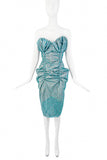 Vivienne Westwood Blue Turquoise Green Fuzzy Textured Peplum Ruched Hip Bustier Corset Gown