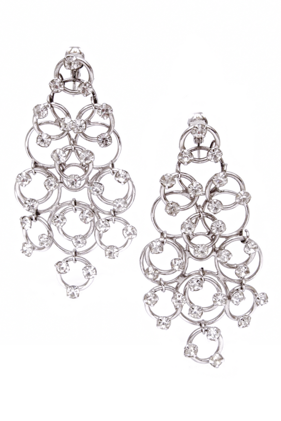 Vogue Vintage Silver Hoop Crystal Sputnik 60's Chandelier Earrings