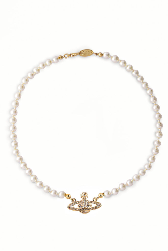 Vivienne Westwood Single Strand Pearl Gold Orb Choker Necklace