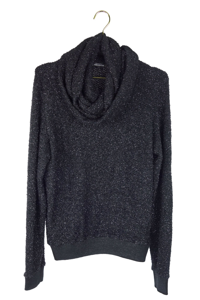 Xavier Delcour Black Lurex Knit Wrap Collar Sweater