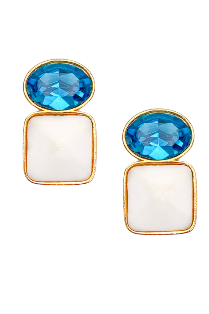 Saint Laurent YSL Gold Blue Aquamarine White Pyramid Stud Earrings