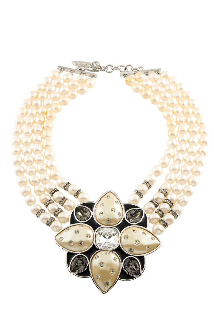 Saint Laurent YSL 4 Row Pearl Necklace Choker with Pendant