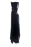 Saint Laurent Black Velvet Pointed Hood Gold Robe Trim Black Tassel 1970's Cape Coat