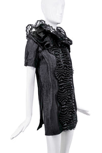 YSL Black Beaded Tulle Ruffle Collar Mini Dress