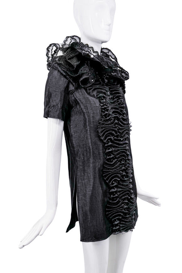 YSL Black Beaded Tulle Ruffle Collar Mini Dress