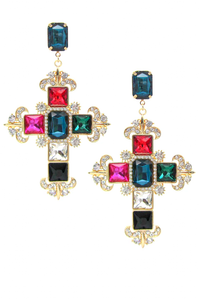 Vintage "YSL" Saint Laurent Style Red Blue Green Pink Gripoix Cross Earrings