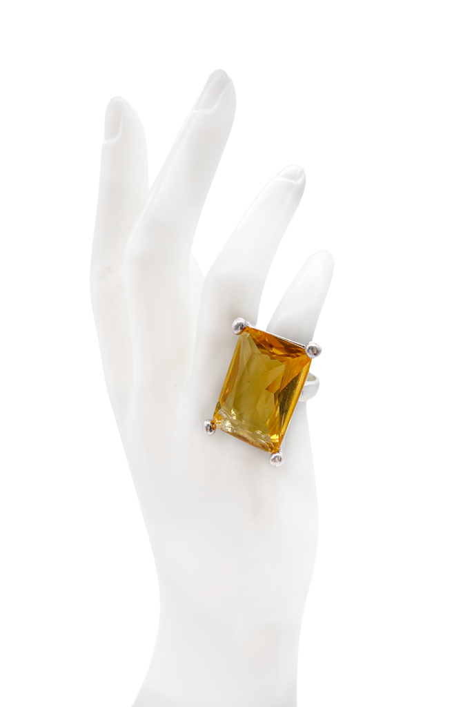 Vintage Yellow Amber Stone Emerald Cut Silver Ring