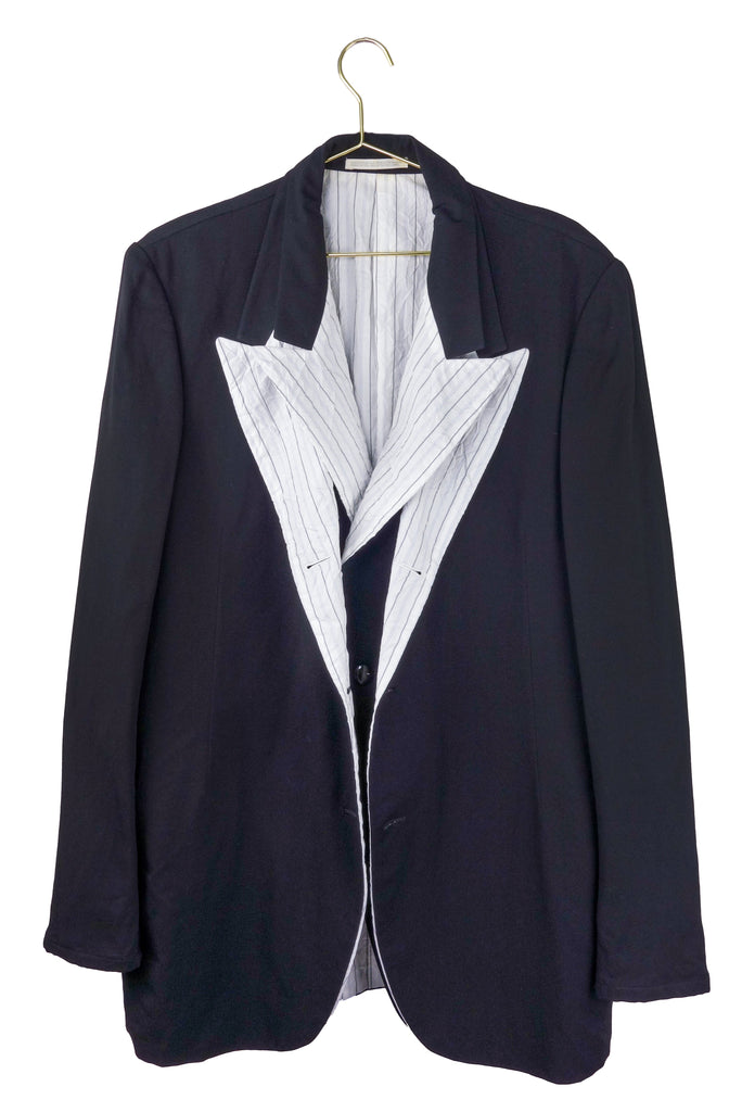 Yohji Yamamoto Black Double Layer Blazer with Pinstripe Lapel