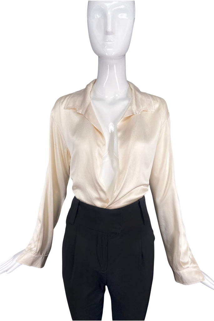 Yohji Yamamoto Ivory White Satin Collar Plunging V-Neck Shirt Blouse Halston Style #