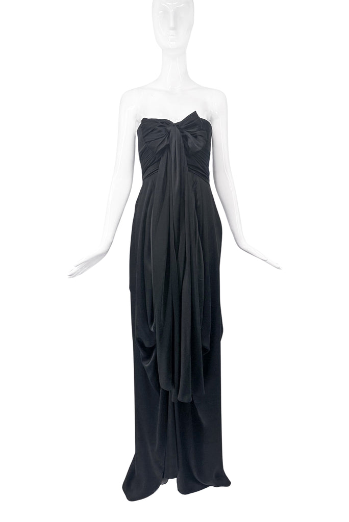 Saint Laurent YSL Black Chiffon Silk Draped Bustier Sweetheart Neckline Front Bow Gown 2009