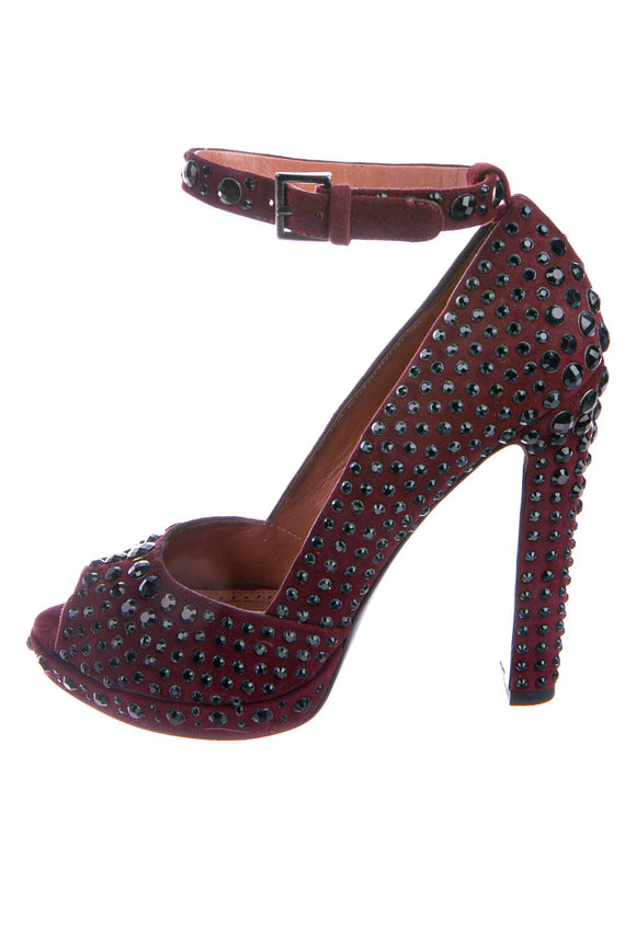 Alaia Maroon Burgundy Red Jet Black Crystal Studded Ankle Strap Shoes Size 37.5