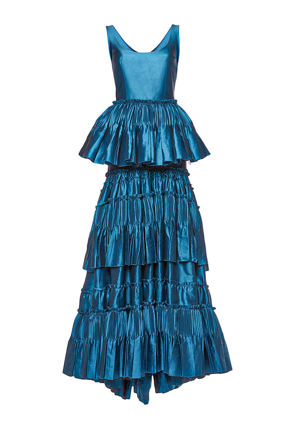 Alberta Ferretti Teal Blue Metallic Tiered Ruffle Gown Dress SS2017