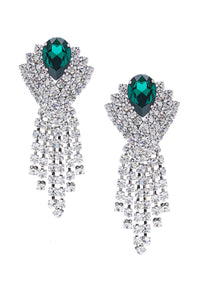 Alessandra Rich Silver Crystal and Emerald Green Fringe Chandelier Earrings