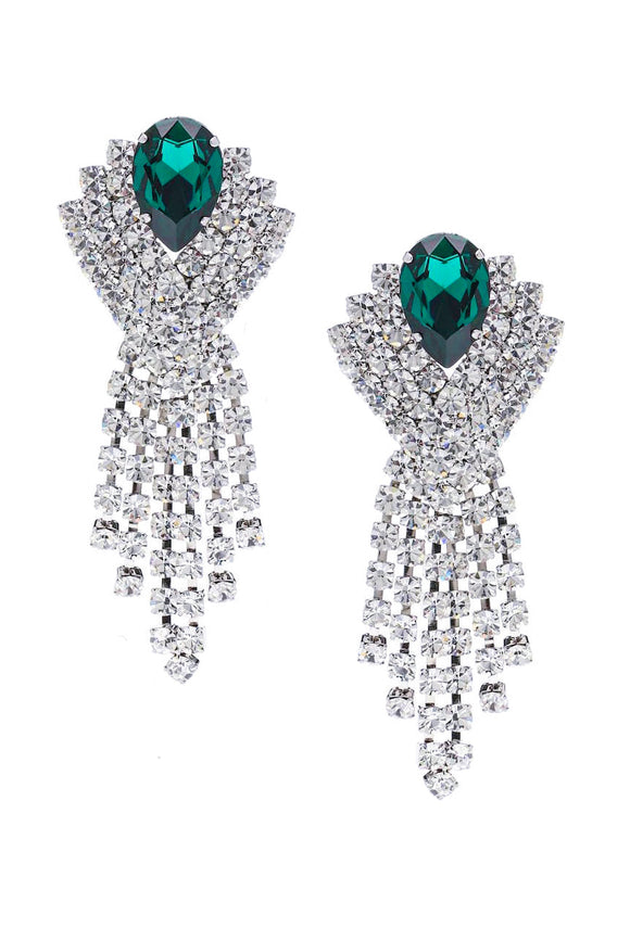 Alessandra Rich Silver Crystal and Emerald Green Fringe Chandelier Earrings