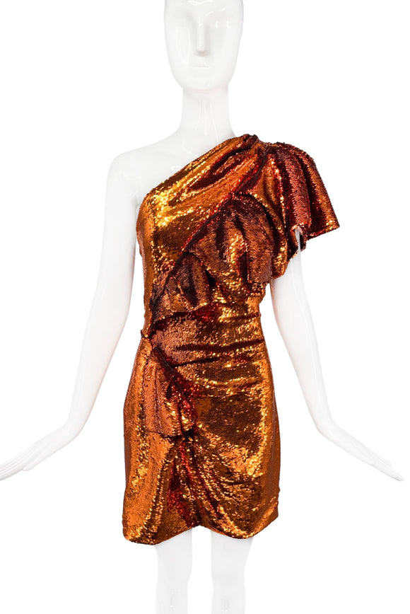 Alexandre Vauthier Cooper Brown Orange Sequin One Shoulder Asymmetric Ruffle Dress Spring 2019