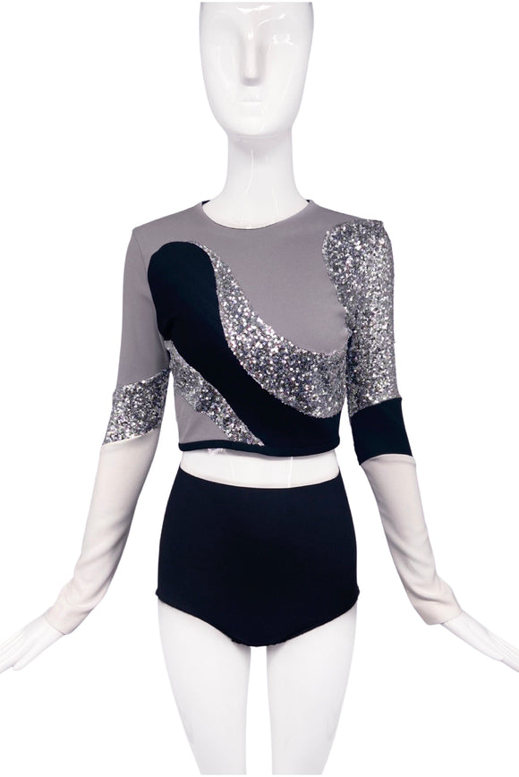 Alon Livne Gray Black Ivory Silver Metallic Sequin Swirl Top