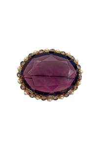 Vintage Amethyst Massive Oval Embroidered Pearl Edge Broach