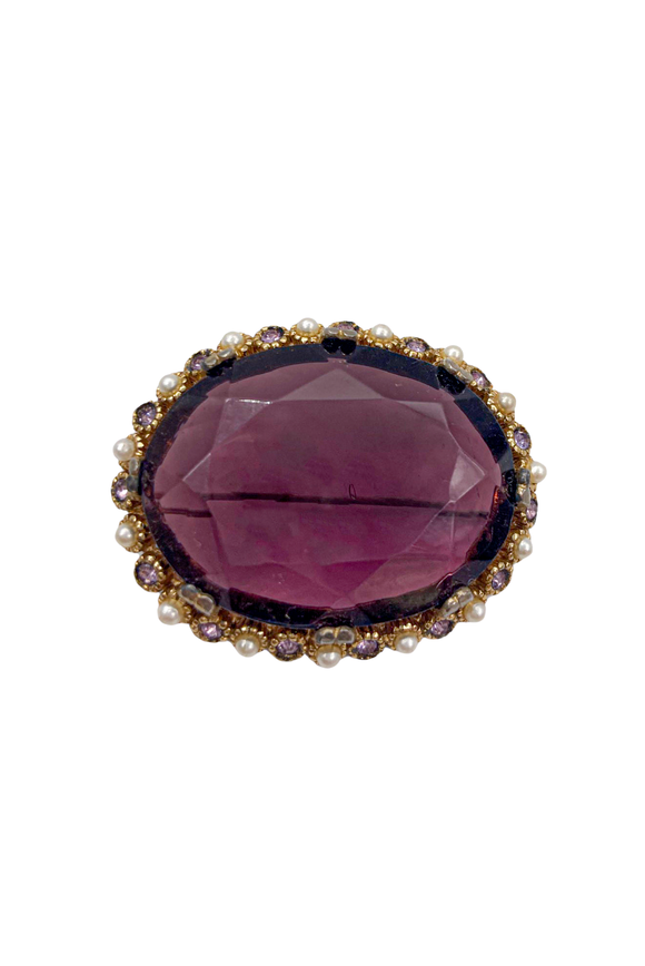 Vintage Amethyst Massive Oval Embroidered Pearl Edge Broach