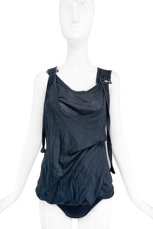Ann Demeulemeester Black Cotton Double Layer Metal Shoulder Clasp Tank Top