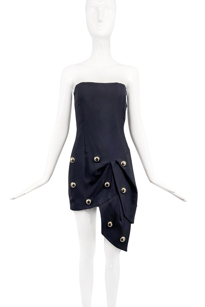 Anthony Vaccarello Black Strapless Asymmetrical Mini Dress with Silver Orb Studs SS2014