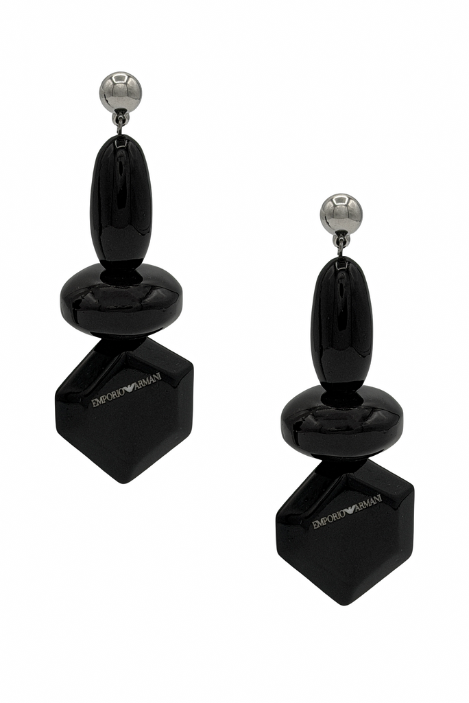 Giorgio Armani Silver Black Geometric Logo Drop Earrings