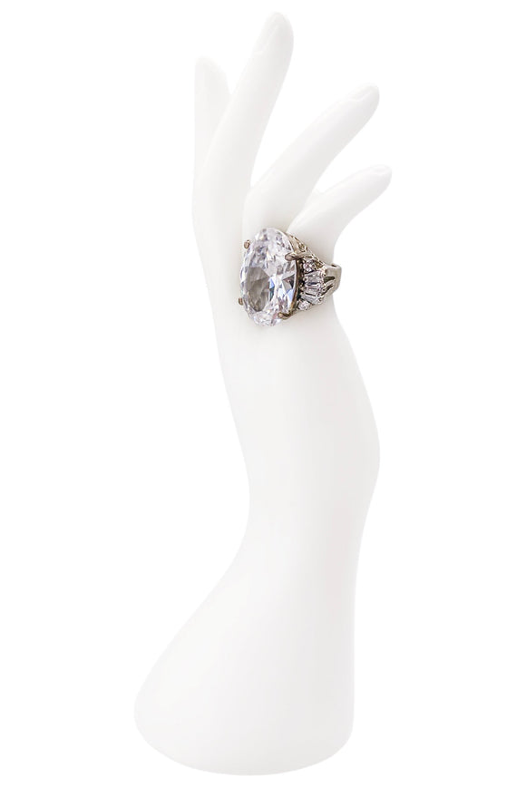 Vintage Silver Crystal Oval Cocktail Ring Side Diamonds