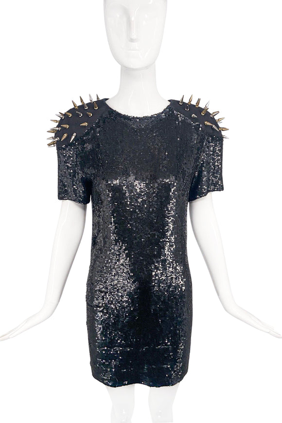 Ashish Black Sequin Rugby Shoulder Studded Dress