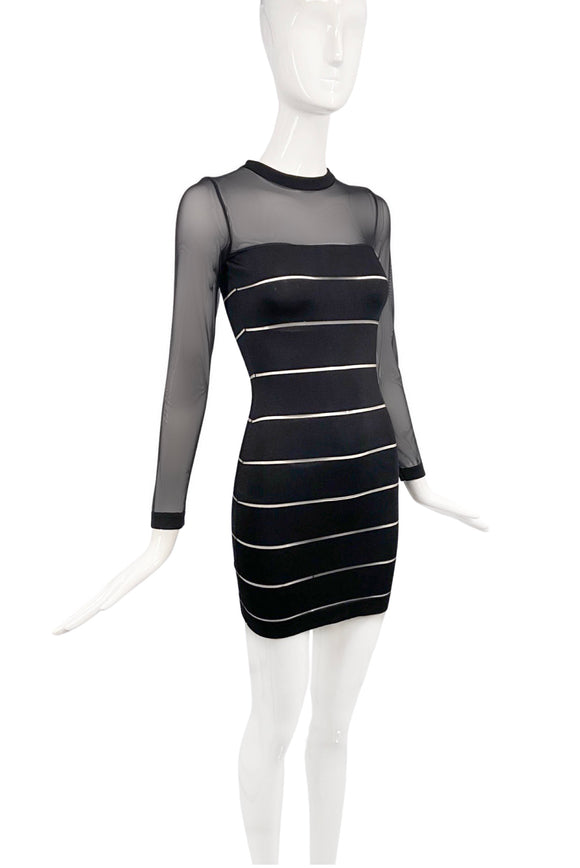 Balmain Black Body Con Sheer Sleeve Cut Out Dress