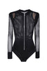 Balmain Black Fishnet Zipper Long Sleeve Body Suit #