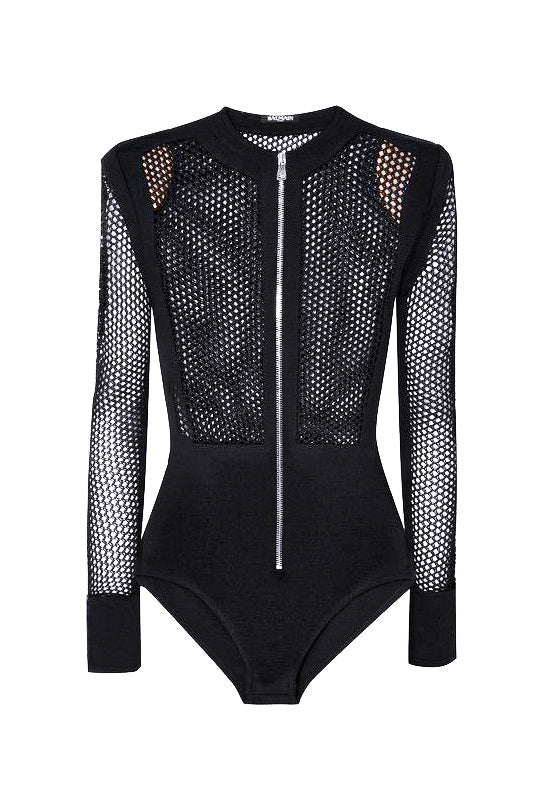 Balmain Black Fishnet Zipper Long Sleeve Body Suit #
