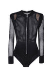 Balmain Black Fishnet Zipper Long Sleeve Body Suit #