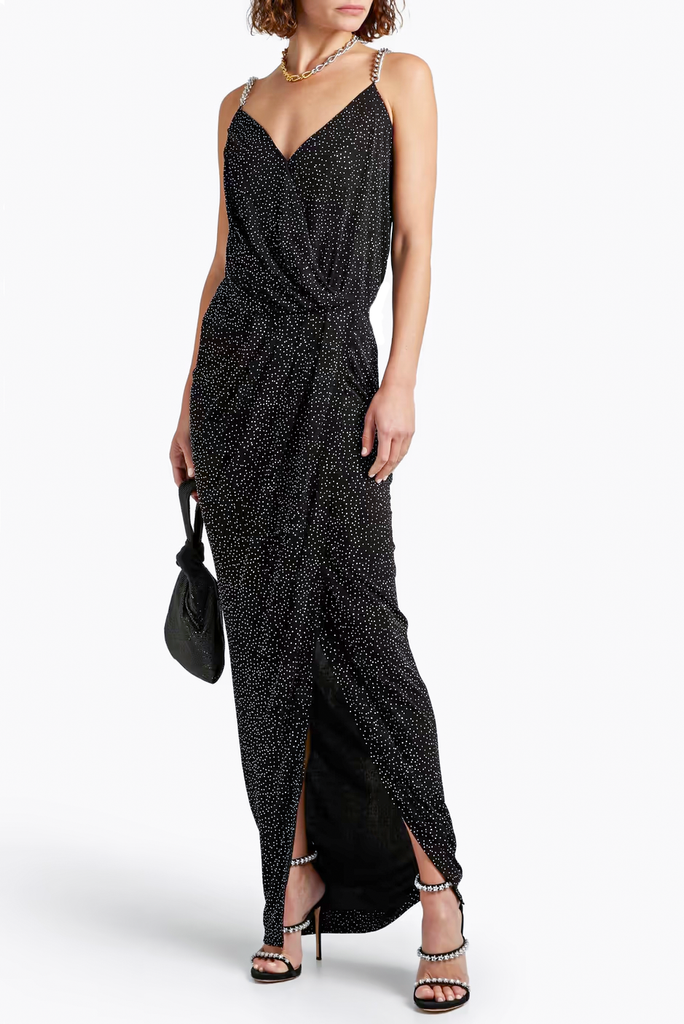 Balmain Black Crystal Polka Dot Drape High Slit Chain Strap Gown