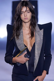 Balmain Black Silver Crystal Lapel Pointed Shoulder Klaus Nomi Tuxedo Jacket Runway Spring 2021