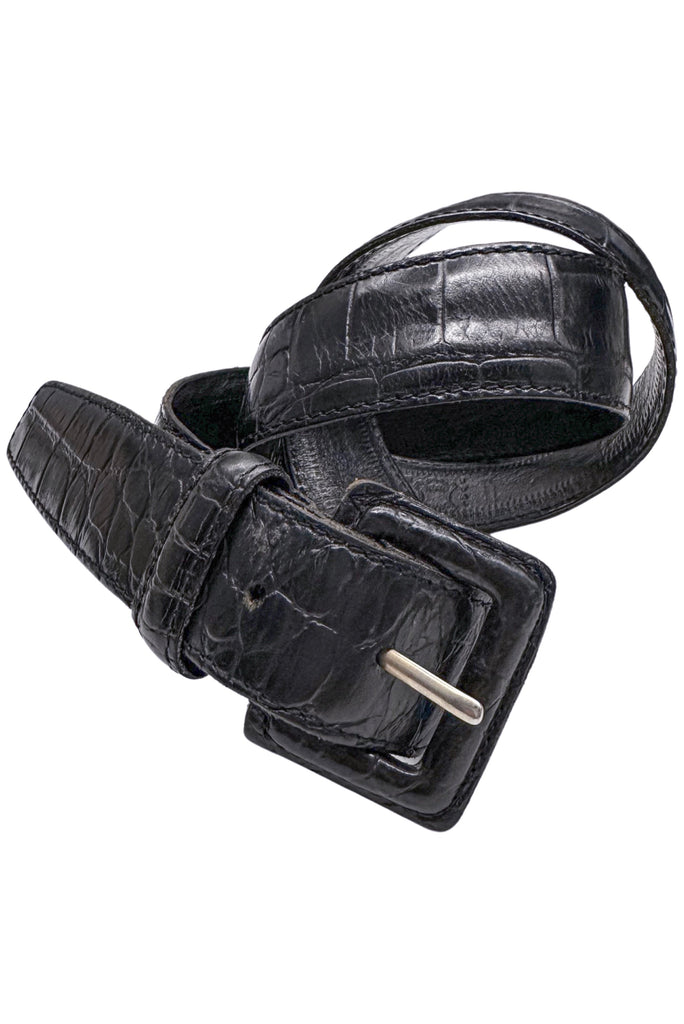 Vintage Black Crocodile Embossed Square Buckle Belt