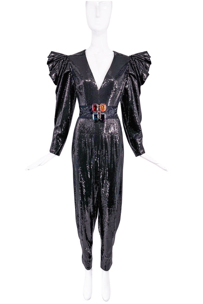 Saint Laurent Style Rubin Singer Black Sequin Puff Exaggerated Shoulder Jumpsuit
