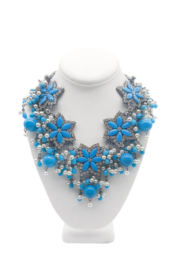 Vintage Turquoise Blue Resin, Crystal & Pearl Geometric Floral Statement Necklace with matching earrings