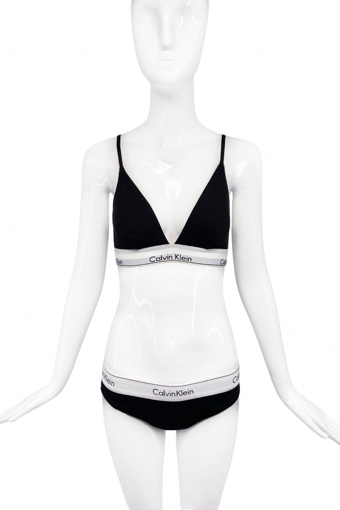 Calvin Klein Black Wide White Logo Elastic Bra & Panty Bikini Set
