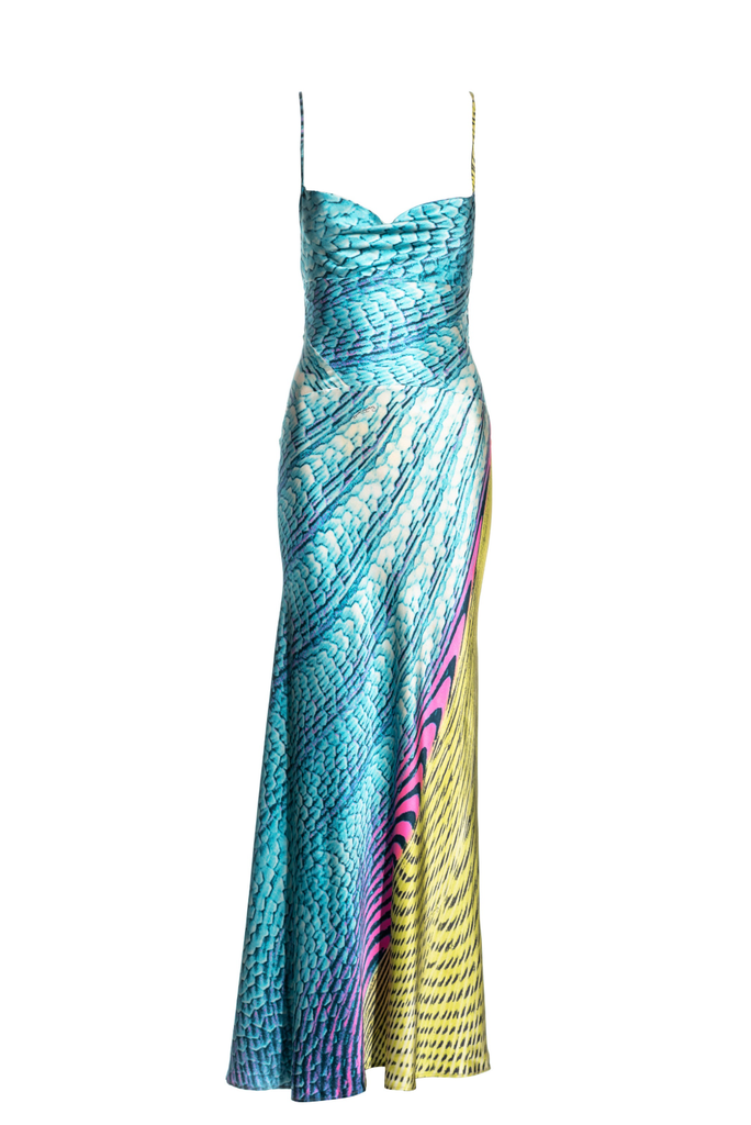 Roberto Cavalli Turquoise Pink Yellow Optical Illusion Print Silk Slip Dress Gown Spring 2001