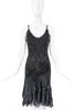 Roberto Cavalli Black Silk Bias Cut Slip Ruffle Jet Black Beaded Dress 2003